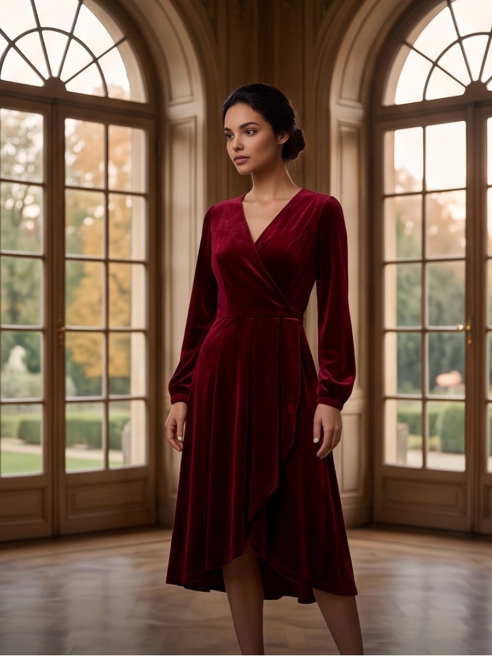 Meetjen Womens Small Burgundy Velvet Faux Wrap Midi Dress Ruffle Front NWOT